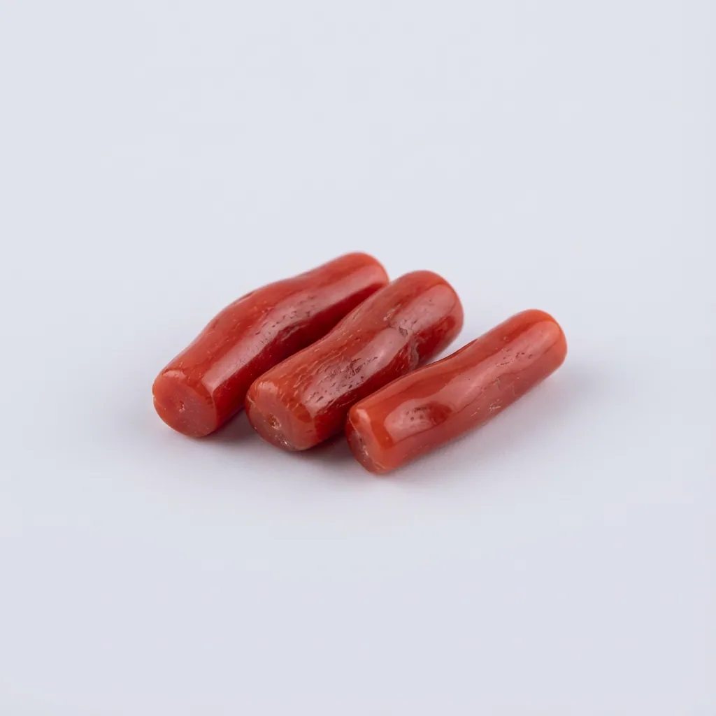 Gros plan sur trois tubes de corail rouge naturel poli — couleur et texture authentiques