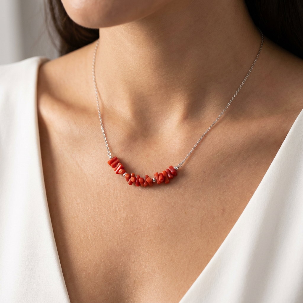 Femme portant un collier AMAYAS en corail naturel