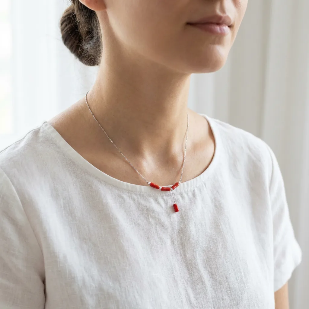 Collier Carmina en corail et argent 925 — vue lifestyle femme AMAYAS