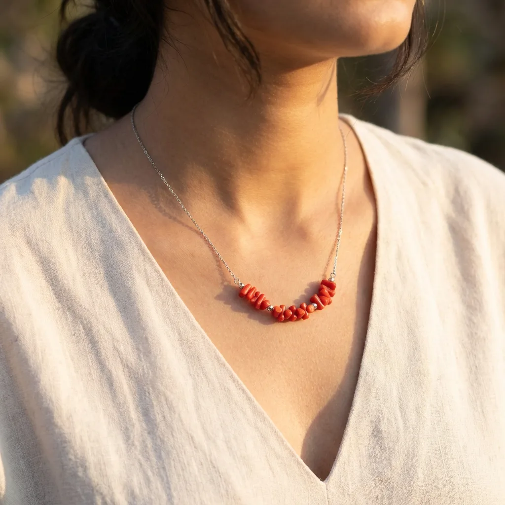 Collier Cinnabar en corail naturel — femme vêtue de blanc AMAYAS