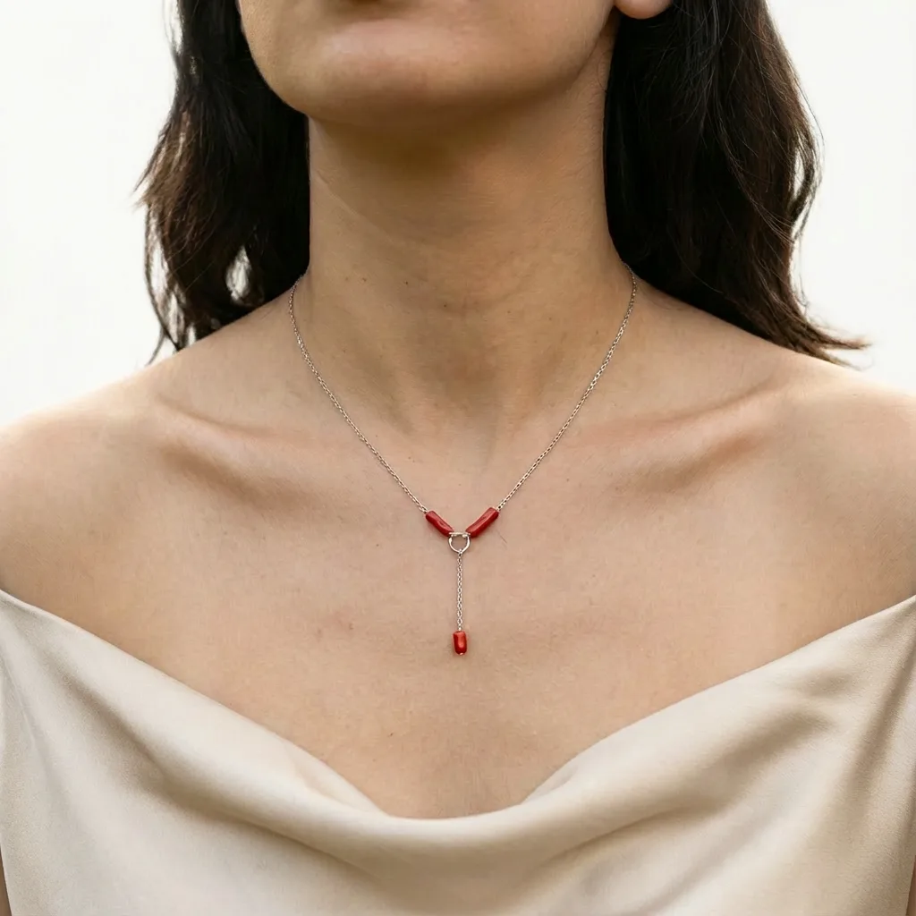 Collier Garnet en corail naturel non poli — vue lifestyle AMAYAS Maroc