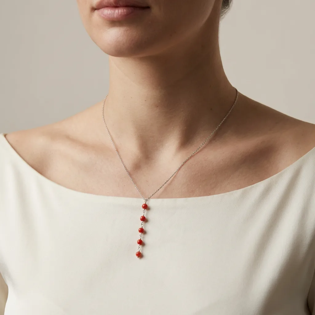 Collier Agate talisman corail rouge — vue lifestyle femme AMAYAS
