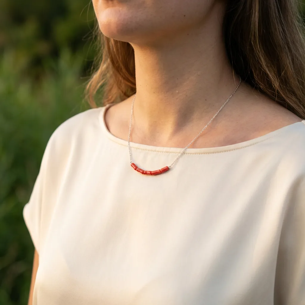 Collier Rubelite porté vue lifestyle — bijou exclusif AMAYAS Maroc