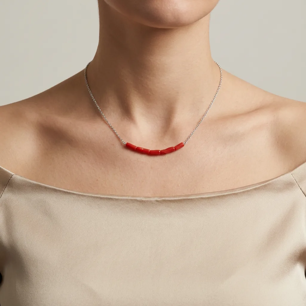 Collier Rubelite en Y corail naturel — vue femme élégante AMAYAS