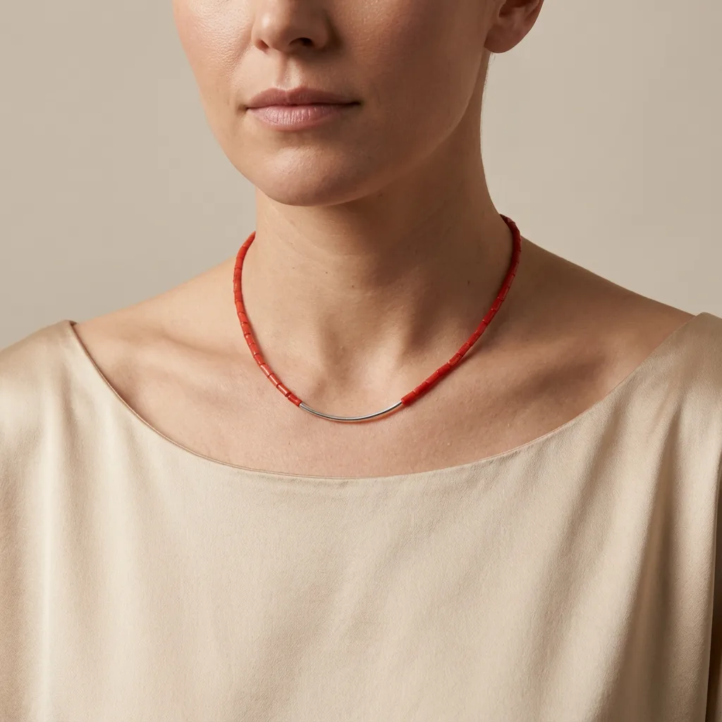 Collier Scarlet vue lifestyle luxe — corail naturel AMAYAS