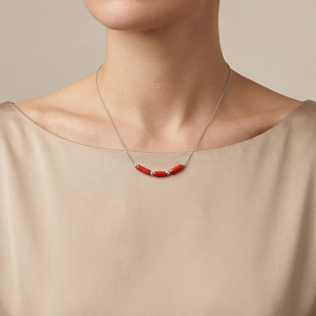 Collier Tamrit corail brut naturel — vue lifestyle AMAYAS Maroc