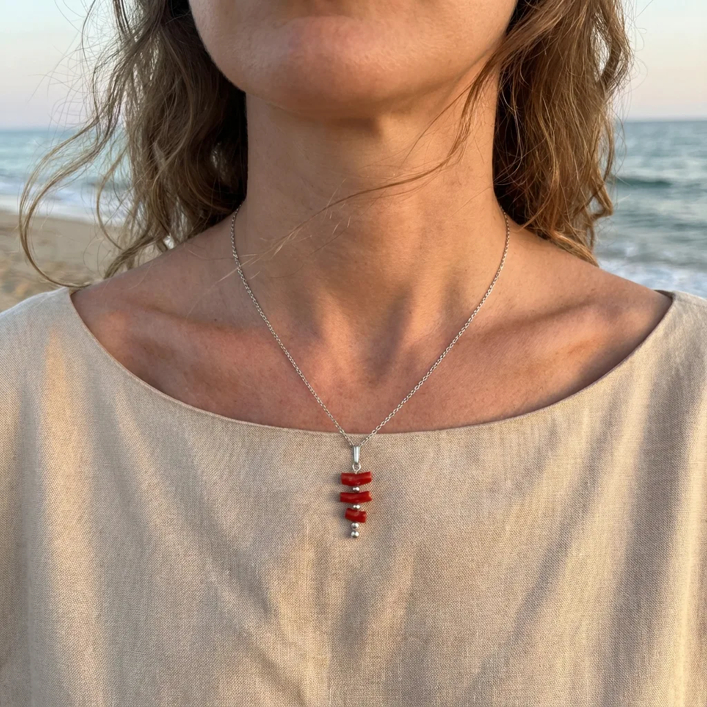 Collier Vermilion porté — bijou corail naturel bestseller AMAYAS