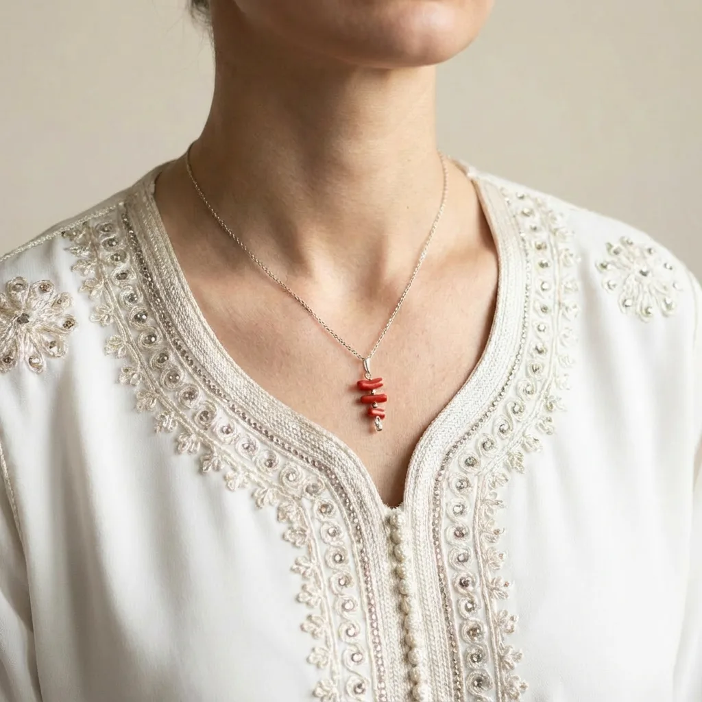 Collier Vermilion vue lifestyle fond naturel — AMAYAS Maroc